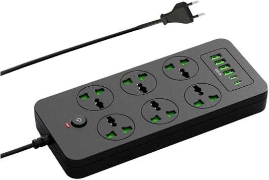 Power Strip with 6 Universal Outlets 4 USB 2 USB C Ports, 3.1A, Overload Protection, 3000w, 110-240v, International Power Adapter for Home Office Travel Essentials, EU Plug, Black