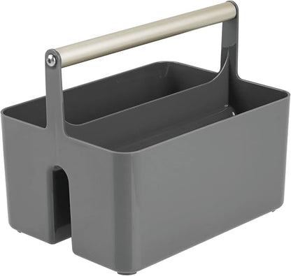 mDesign Plastic Shower Caddy Storage Organizer Utility Tote, Divided Basket Bin - Metal Handle for Bathroom, Dorm, Kitchen, Holds Soap, Shampoo, Conditioner - Aura Collection - Dark Gray/Matte Satin