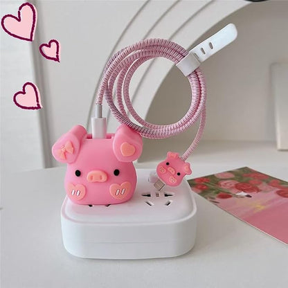 Compatible with Apple 20W/18W USB-C Adapter Charger, 3D Cartoon Protective Case for iPhone 20W USB-C Power Adapter Charger Fast Lightning Cable Cable Cover (Bowknot Pig)