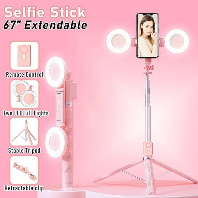 Selfie Stick Tripod with Light and Bluetooth Remote, 67" Extendable Mini Tripod Stand for iPhone Samsung Android, 6 in 1 Wireless Selfie Stick for TikTok YouTube Live Streaming(Pink)