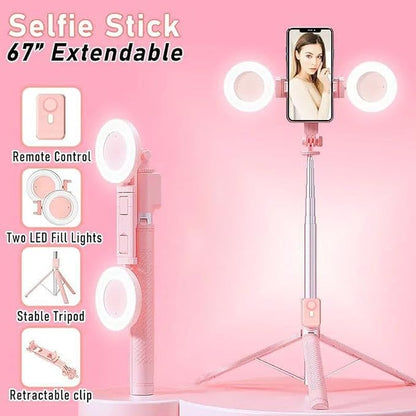 Selfie Stick Tripod with Light and Bluetooth Remote, 67" Extendable Mini Tripod Stand for iPhone Samsung Android, 6 in 1 Wireless Selfie Stick for TikTok YouTube Live Streaming(Pink)