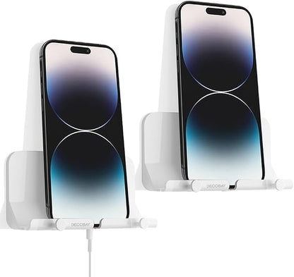 Wall Mount Phone Holder, D2 Hands-Free Adhesive Phone Holder with Cable Hole & Hooks, Wall Mounted Cell Phone Holder for Bathroom Kitchen Bedroom RV, Compatible with iPhone Smartphones (2 Pack-White)
