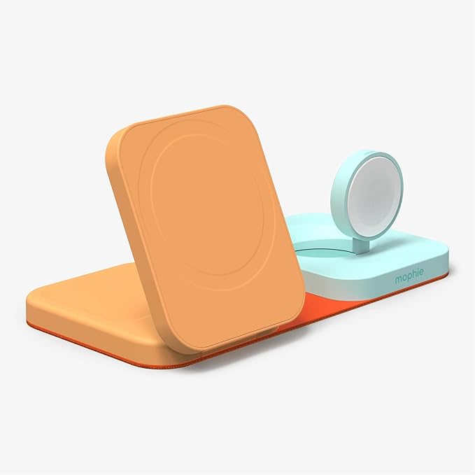 Mophie 3-in-1 Travel Charger with MagSafe for iPhone 17/16/15/14/13/12, Apple Watch, & AirPods – 15W Fast Wireless Charging Station – Premium Foldable Design with Travel Case & Adapters – Orange/Teal