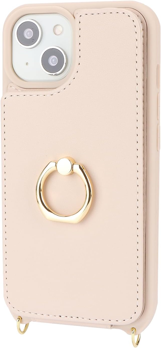 Lipvina for iPhone 14 Case with Card Holder for Women,iPhone 14 Phone Case with Strap,Crossbody Lanyard,RFID Blocking,Ring Stand,Snap Clasp,Cute Wallet Cases 6.1 inch (Beige)