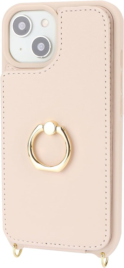 Lipvina for iPhone 14 Case with Card Holder for Women,iPhone 14 Phone Case with Strap,Crossbody Lanyard,RFID Blocking,Ring Stand,Snap Clasp,Cute Wallet Cases 6.1 inch (Beige)