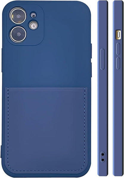 Ultra Slim Liquid Silicon Gel Case Compatible for iPhone 12 Mini 5.4 inch 2020 with Card Holder Sleeves Slot Anti-Scratch Shockproof Wallet Cover with Screen Protector (Blue)