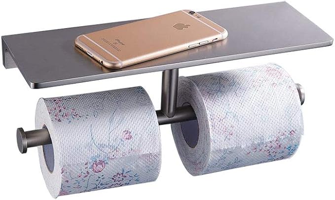Toilet Paper Holder,Brushed Nickel Double Toilet Paper Roll Holder with Storage Shelf,Wall Mount Brass Toliet Tissue Dispenser for Home and Hotel Bathrooms