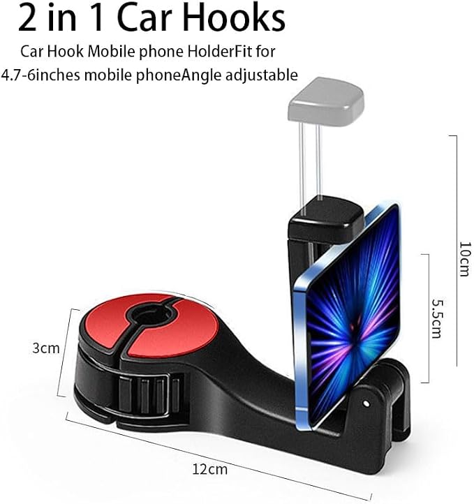 Upgraded 2 Pack Car Headrest Hidden Hook 2 in 1 Car Seat Hooks with Phone Holder for Purses and Bags, Universal 360° Rotation Headrest Hooks Purse Holder for Car, Car Purse Hook Holder (red)