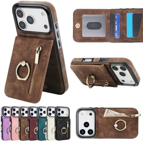 Leather Cover for iPhone 17/17 Pro/17 Air/17 Pro Max, RFID Blocking Wallet Case with Ring Stand Function Retro Anti-Fall Protection Shell,17pro max,Black