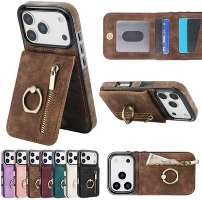 Leather Cover for iPhone 17/17 Pro/17 Air/17 Pro Max, RFID Blocking Wallet Case with Ring Stand Function Retro Anti-Fall Protection Shell,17pro max,Black