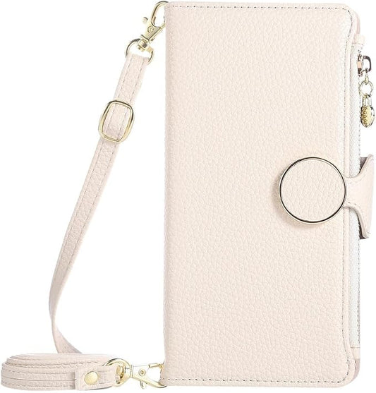 Leather Case for iPhone 17/17 Pro/17 Air/17 Pro Max, Zipper Bag Wallet Flip Cover Stand Function Shoulder Strap All-Round Shockproof Shell,17pro max,White