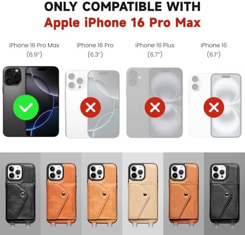 LUCKYCOIN for iPhone 16 Pro Max Crossbody Wallet Case – Genuine Leather Phone Purse with Adjustable Strap and Card Holder,Lanyard Phone Purse Case for Women,Pebble Grain Beige