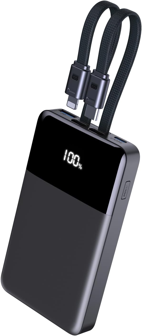 Portable Charger, 10000mAh Power Bank 22.5W PD, Built-in Cables for iPhone | Built-in Lightning & USB-C cables, 22.5W fast output, 18W input, charge 4 devices at once, compact design, 18-month warranty.