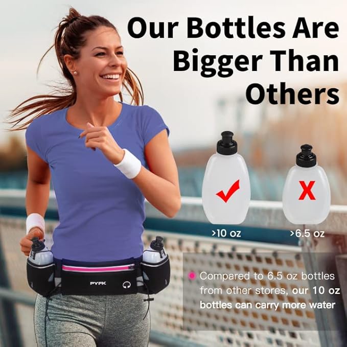 PYFK Running Belt with Water Bottles, Hydration Belt for Men and Women, Water Bottle Holder Running Pouch Water Belt, Fanny Pack Fits 7 inches Phones, Waist pack for Runner Jogging