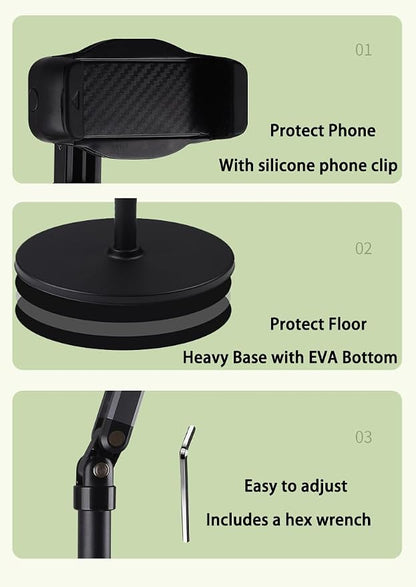 Phone Floor Stand for Recording Cell Phone Holder for Bed, Adjustable Tall Stand with Ultra-Long Extension Arm, 360° Swivel, Compatible with iPhone Samsung and More