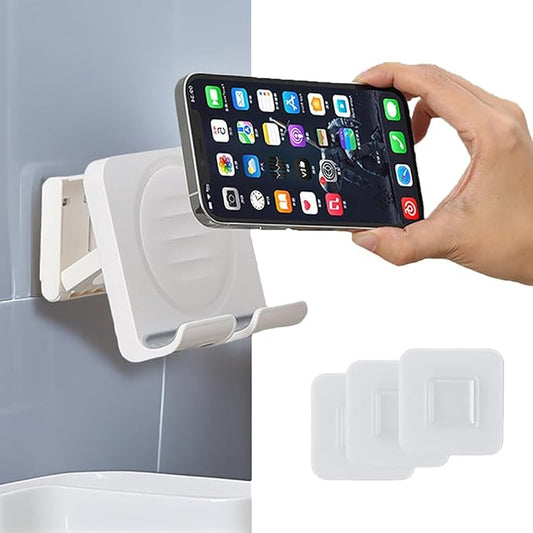 Shower Phone Holder, Wall Mount Cellphone Stand with 3pcs Adhesive Pads, Adjustable & Portable Mirror Smartphone Wall Holder, Desktop Phone Mount Stand for Bathroom Bedroom Kitchen or Dorm