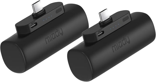 Miady 2-Pack Mini Portable Charger Built-in USB C Connector Small PowerBank | 5000mAh丨Lightweight丨for Backpack Travel丨Compatible with iPhone 17 Galaxy Android丨Ultra-Compact丨Flight-Safe丨18Wh丨Black+Black