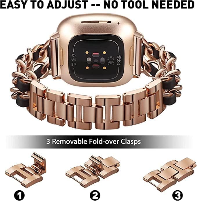Stainless Steel Bands Compatible for Fitbit Versa 4/Fitbit Sense 2 Smartwatch With Bling Case Cover,Chic Leather Metal Wristband Accessories Strap for Women Bracelet (Rose Gold, Versa 3/Sense)