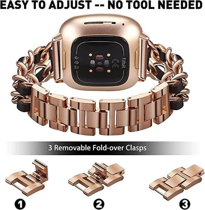 Stainless Steel Bands Compatible for Fitbit Versa 4/Fitbit Sense 2 Smartwatch With Bling Case Cover,Chic Leather Metal Wristband Accessories Strap for Women Bracelet (Rose Gold, Versa 3/Sense)