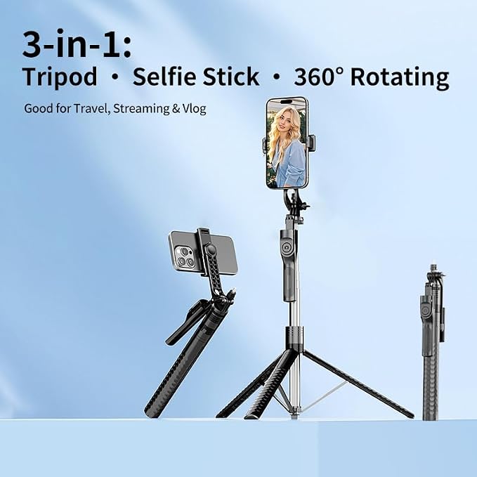 Phone Tripod and Selfie Stick, Extendable Cell Phone Tripod with Wireless Remote, Tripods Stand for iPhone & Travel Selfie Stick 360° Rotation Compatible with iPhone Android, Camera