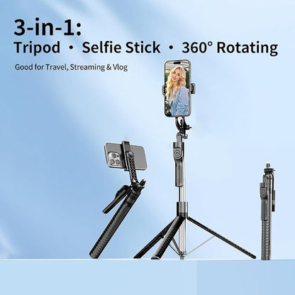 Phone Tripod and Selfie Stick, Extendable Cell Phone Tripod with Wireless Remote, Tripods Stand for iPhone & Travel Selfie Stick 360° Rotation Compatible with iPhone Android, Camera