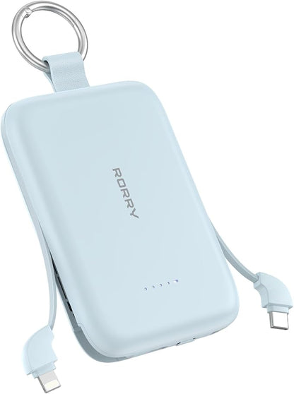 RORRY Portable Charger, 10000mAh PD 30W Fast Charging Portable Charger Power Bank with Built-in Cables, Travel Keychain Charger Battery Pack for iPhone 17/16/15/14/13/12, for AirPods 2/3/4/Pro, Blue