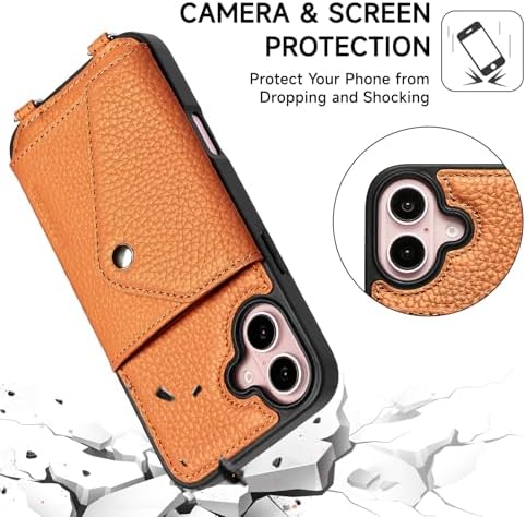 LUCKYCOIN for iPhone 16 Plus Crossbody Wallet Case – Genuine Leather Phone Purse with Adjustable Strap and Card Holder,Lanyard Phone Purse Case for Women,Pebble Grain Brown