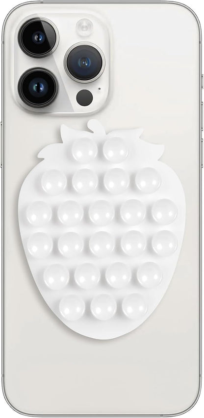 Silicone Phone Grip, 23 Suction Cups, Suitable for Selfies and Videos on Mirrors, bathrooms and Smooth Surfaces, Compatible with iPhone, Samsung(Strawberry Shaped, White)