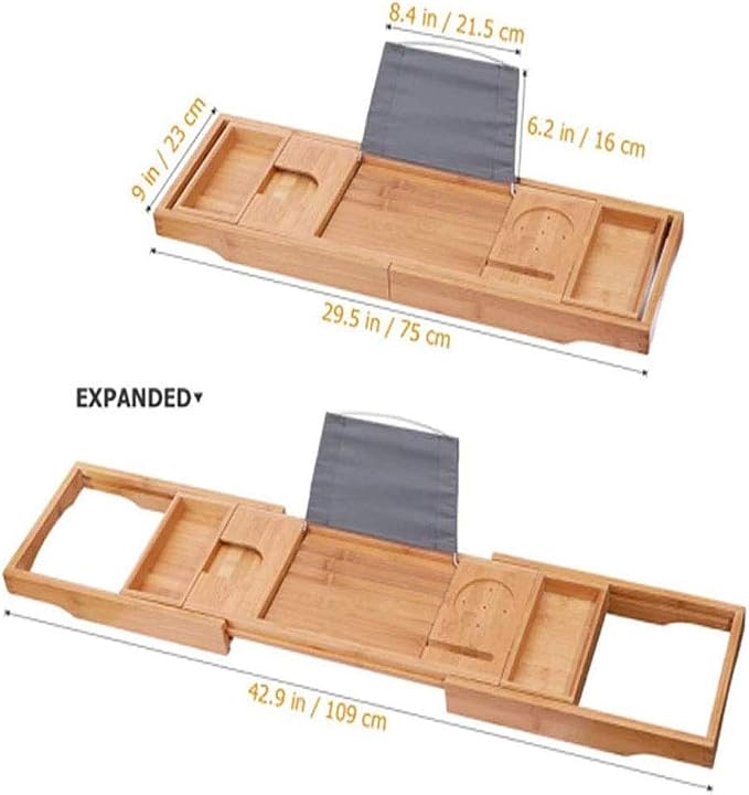 Bath Caddy Bath Rack Adjustable Bamboo Bath Tray with Phone Holder and Wine Glass Holder for Most Bathtubs