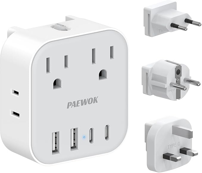 European Travel Plug Adapter Set, 8-in-1 Travel Adapter with 4 Outlets | Universal Travel Adapter, Type G/E/F/C Detachable Plugs, 4 USB Ports (2 USB C), US to UK/EU, International Power Adapter