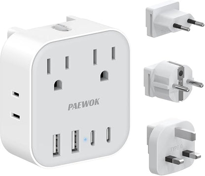 European Travel Plug Adapter Set, 8-in-1 Travel Adapter with 4 Outlets | Universal Travel Adapter, Type G/E/F/C Detachable Plugs, 4 USB Ports (2 USB C), US to UK/EU, International Power Adapter