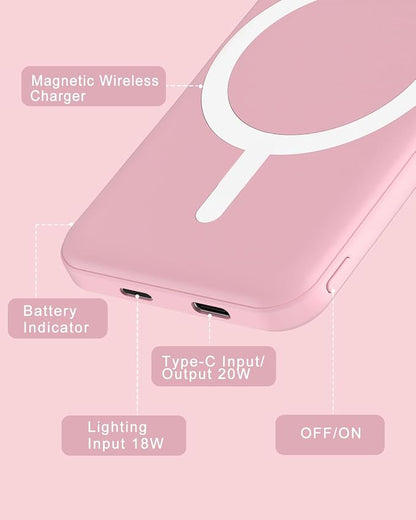 podoru for Magsafe Battery Pack, 5000mAh Magnetic Power Bank with Type-C Cable 20W PD Fast Charging Lighting Input Wireless Portable Charger for iPhone 17/16/15/14/13/12/ All Series-Pink