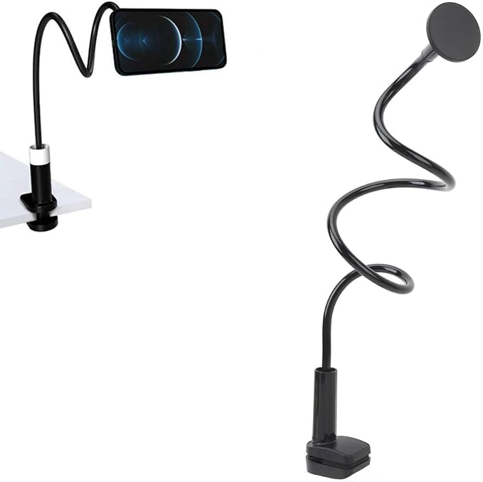 Phone Holder, Magnetic Flexible Long Arm Phone Mount for Desk Bed Bedside Table, Overhead Cell Phone Clip Bracket Clamp Stand for iOS 15 15 Pro 15 Plus