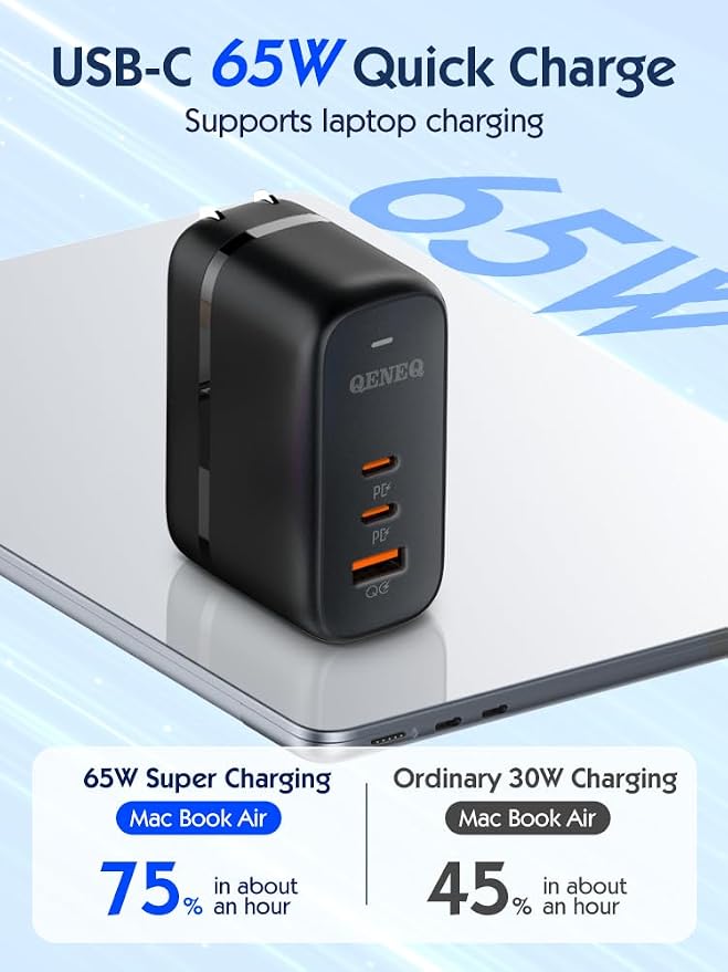GaN 65W USB C Charger 3 Port Fast Charging Block Travel Charger Wall Charger Universal Travel Adapter EU UK Plug Adapter for MacBook iPad Pro/Air iPhone 15 16 Samsung S24 Laptop Steam Deck