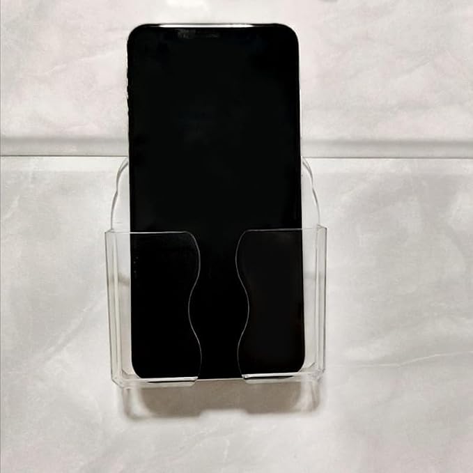 2-Pack Clear Wall Phone Holder - Self-Adhesive & Hardware Mount | Bottom Cable Access | Universal Smartphone Stand | Space-Saving Desk Organizer