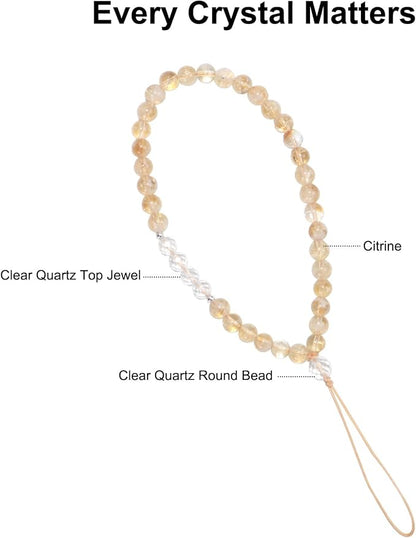 TEAMOLA Natural Stone Phone Charm, Handmade Crystal Cellphone Chain for Universal, Beaded Healing Anti Theft Phone Wrist Strap with Tether Tab, Citrine & Clear Quartz