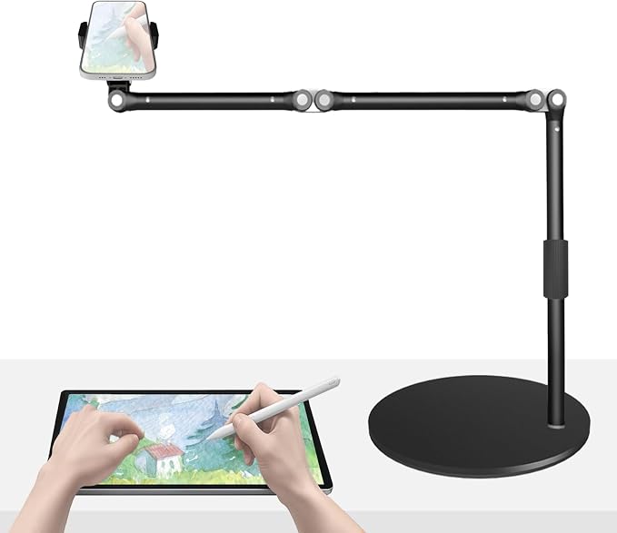 Heavy Duty Overhead Phone Mount for Desk, 17 in Long Arm iPhone Holder, 360° Swivel Stand for Video Recording, Filming, Live Streaming, Cooking, Painting, Crafting