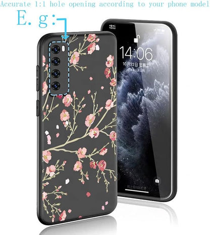 Cover for ZTE Blade A73 (6.52 inch) Case + Screen Protector，Tempered Glass 9H Hardness Protective Film and Soft Silicone Bumper Shell Black TPU Phone case -Peach Blossom