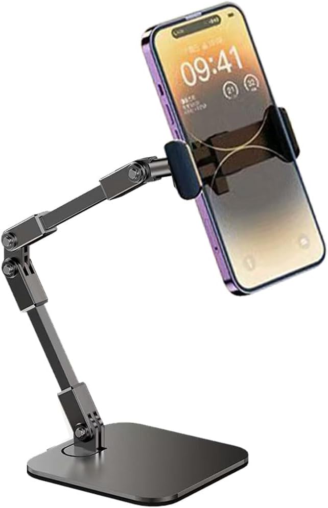 Overhead phone stand for Video Recording on desk,Adjustable Smartphones holder,Articulating Arm Stand with Base, Flexible Cell Phone mount for Live Streaming, filming,Painting Lighting ooking (Black)