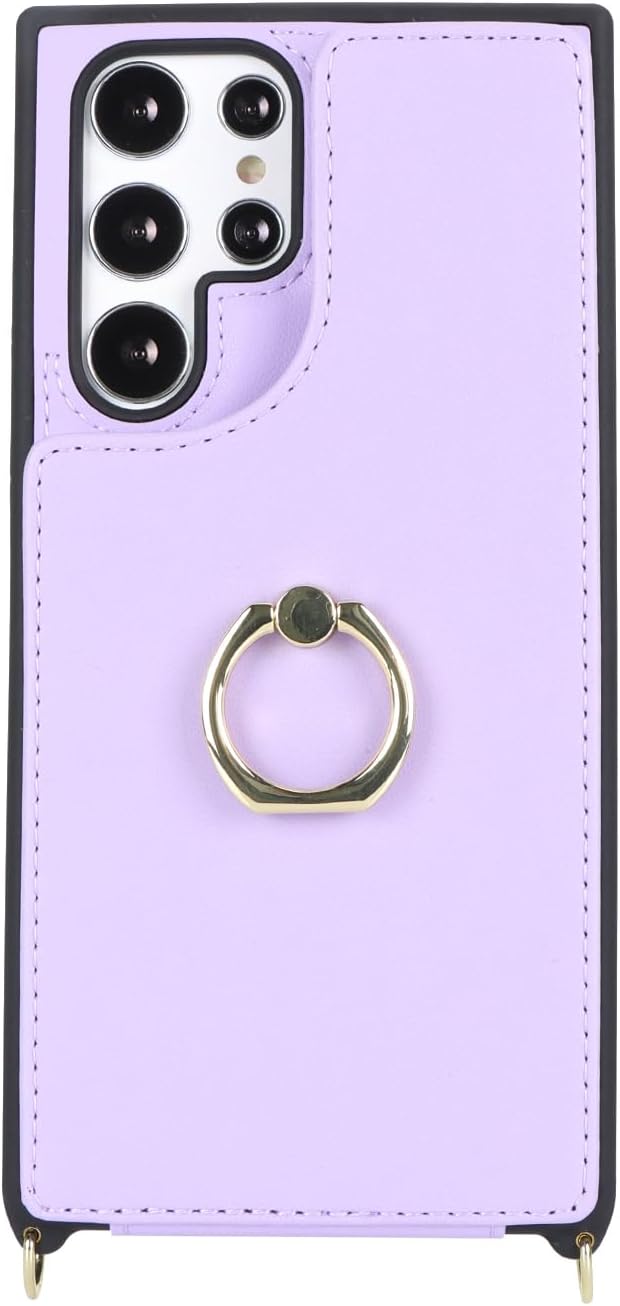 Lipvina for Samsung Galaxy S22 Ultra Case with Card Holder and Strap for Women,Crossbody Lanyard,RFID Blocking,Ring Stand,Snap Clasp,Phone Wallet Cases 6.8 inch(Purple)