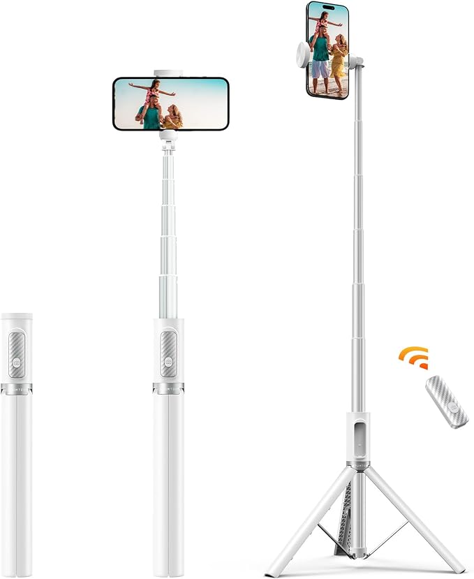 ATUMTEK 62" Selfie Stick Tripod, Extendable Aluminum Tripod with Rechargeable Bluetooth Remote, Compatible with iPhone and Android Smartphones, Perfect for Travel, Vlog, Video and Photo, White