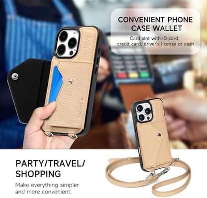 LUCKYCOIN for iPhone 16 Pro Crossbody Wallet Case – Genuine Leather Phone Purse with Adjustable Strap and Card Holder,Lanyard Phone Purse Case for Women,Pebble Grain Beige