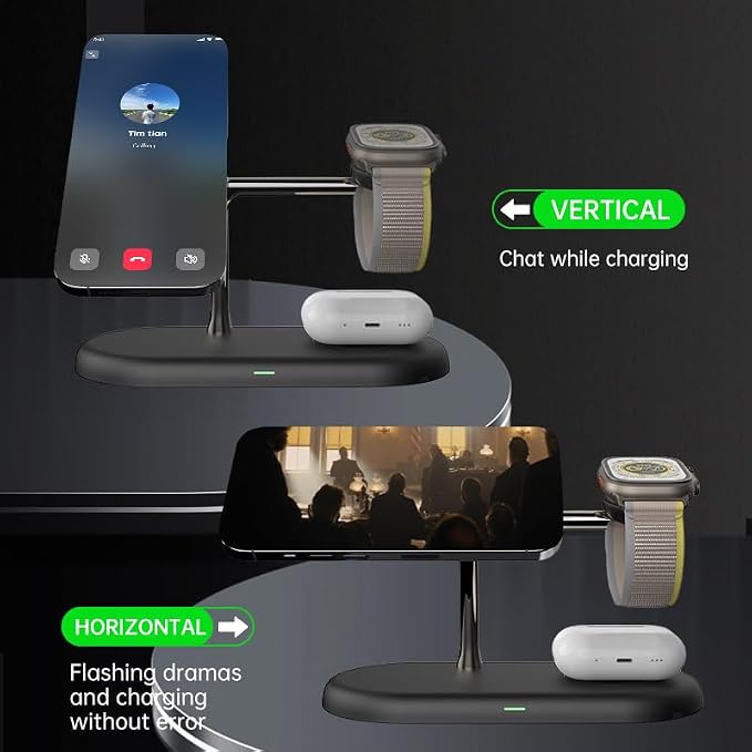 4 in1 Magnetic Wireless Charging Stand, 15W Fast Charging，with Neutral Light Design for iPhone 17/16、15/14/13/12 Series, iWatch and Sansung Watch, Airpods and Samsung TWS (T256-Black)