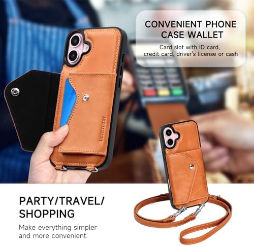 LUCKYCOIN for iPhone 16 Plus Crossbody Wallet Case – Genuine Leather Phone Purse with Adjustable Strap and Card Holder,Lanyard Phone Purse Case for Women,Vintage Brown