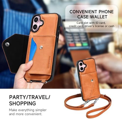 LUCKYCOIN for iPhone 16 Plus Crossbody Wallet Case – Genuine Leather Phone Purse with Adjustable Strap and Card Holder,Lanyard Phone Purse Case for Women,Vintage Brown