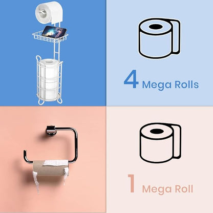 Toilet Paper Roll Holder Stand Bathroom Tissue Holders Free Standing with Middle Shelf Storage Reserve Mega Rolls/Phone/Wipe-Gray
