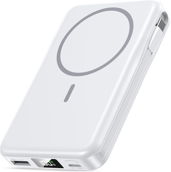 Magnetic Portable Charger, 10000mAh Power Bank, 5 in 1 Portable Charger with Built in Cable, 20W Fast Charging for Magsafe Battery Pack Compatible with iPhone 17/16/15/14/13/12 Pro/Pro Max-White