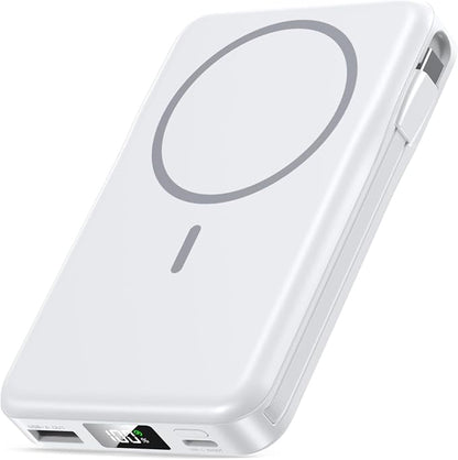 Magnetic Portable Charger, 10000mAh Power Bank, 5 in 1 Portable Charger with Built in Cable, 20W Fast Charging for Magsafe Battery Pack Compatible with iPhone 17/16/15/14/13/12 Pro/Pro Max-White