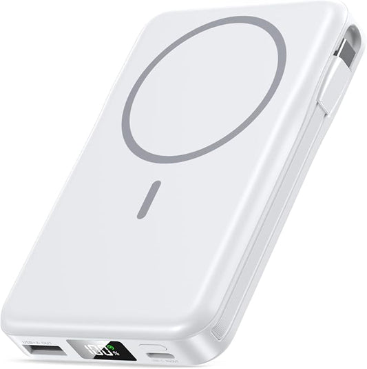 Magnetic Portable Charger, 10000mAh Power Bank, 5 in 1 Portable Charger with Built in Cable, 20W Fast Charging for Magsafe Battery Pack Compatible with iPhone 17/16/15/14/13/12 Pro/Pro Max-White