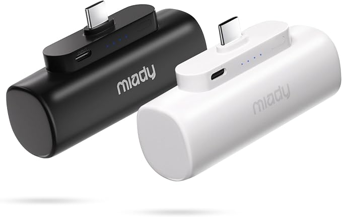 Miady 2-Pack Mini Portable Charger Built-in USB C Connector Small PowerBank | 5000mAh丨Lightweight丨for Backpack Travel丨Compatible with iPhone 17 Galaxy Android丨Ultra-Compact丨Flight-Safe丨18Wh丨Black+White